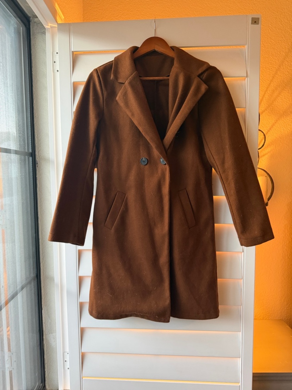 Womens Brown Double-Breasted Wool Blend Coat